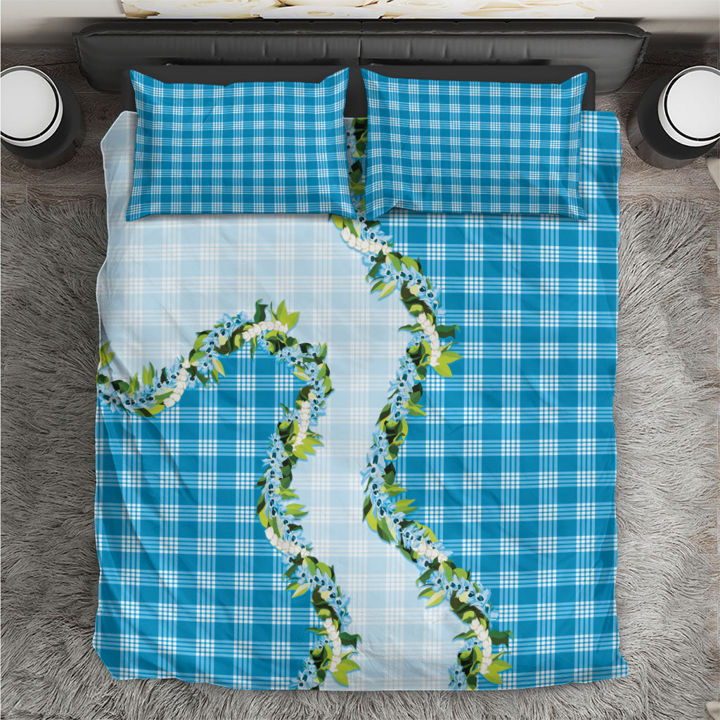 Blue Hawaii Palaka Bedding Set Maile Pikake Honohono Orchid Lei