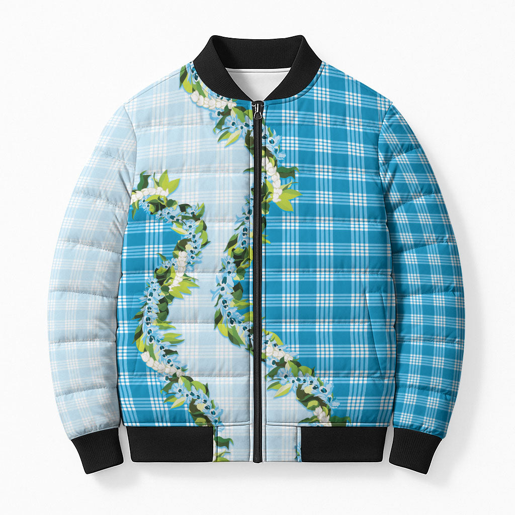 Blue Hawaii Palaka Bomber Puffer Jacket Maile Pikake Honohono Orchid Lei