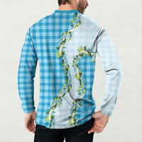 Blue Hawaii Palaka Button Sweatshirt Maile Pikake Honohono Orchid Lei