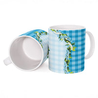 Blue Hawaii Palaka Ceramic Mug Maile Pikake Honohono Orchid Lei
