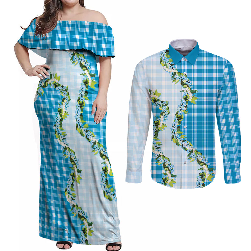 Blue Hawaii Palaka Couples Matching Off Shoulder Maxi Dress and Long Sleeve Button Shirt Maile Pikake Honohono Orchid Lei