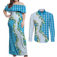 Blue Hawaii Palaka Couples Matching Off Shoulder Maxi Dress and Long Sleeve Button Shirt Maile Pikake Honohono Orchid Lei LT05 Blue - Polynesian Pride