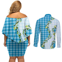 Blue Hawaii Palaka Couples Matching Off Shoulder Short Dress and Long Sleeve Button Shirt Maile Pikake Honohono Orchid Lei LT05 - Polynesian Pride