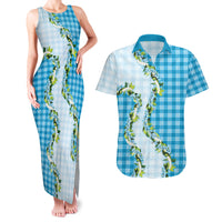 Blue Hawaii Palaka Couples Matching Tank Maxi Dress and Hawaiian Shirt Maile Pikake Honohono Orchid Lei LT05 Blue - Polynesian Pride