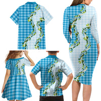 Blue Hawaii Palaka Family Matching Long Sleeve Bodycon Dress and Hawaiian Shirt Maile Pikake Honohono Orchid Lei LT05 - Polynesian Pride