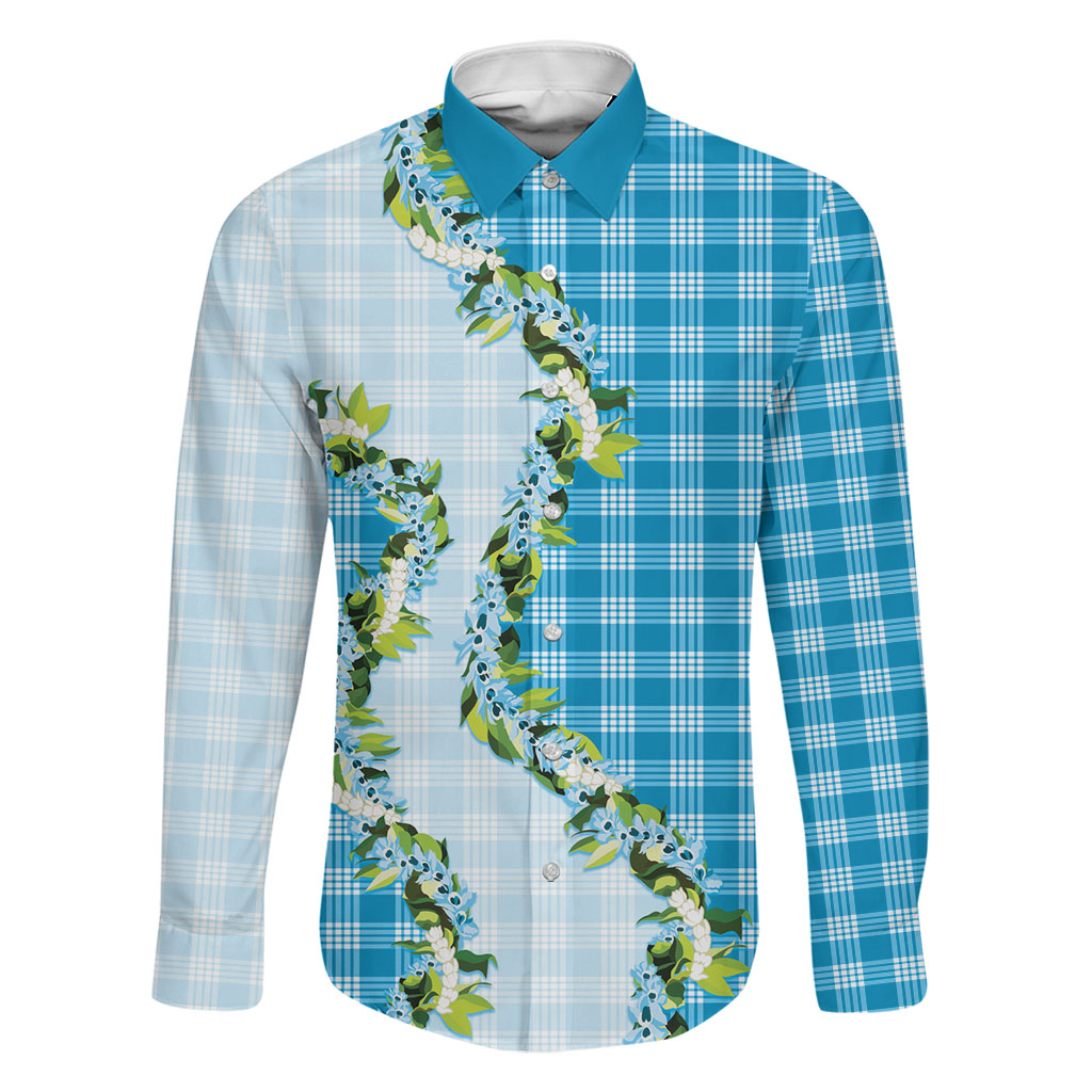 Blue Hawaii Palaka Family Matching Long Sleeve Bodycon Dress and Hawaiian Shirt Maile Pikake Honohono Orchid Lei LT05 Dad's Shirt - Long Sleeve Blue - Polynesian Pride
