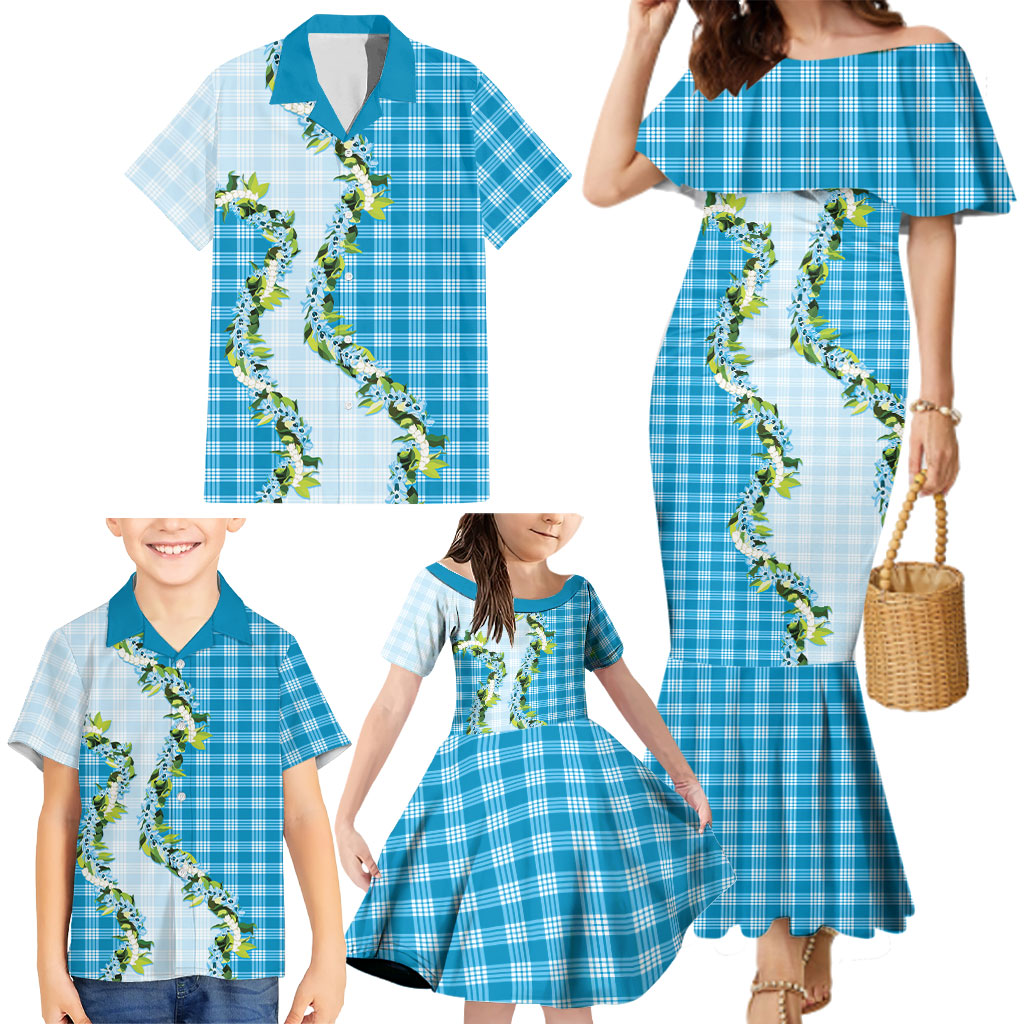 Blue Hawaii Palaka Family Matching Mermaid Dress and Hawaiian Shirt Maile Pikake Honohono Orchid Lei