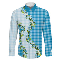Blue Hawaii Palaka Family Matching Mermaid Dress and Hawaiian Shirt Maile Pikake Honohono Orchid Lei LT05 Dad's Shirt - Long Sleeve Blue - Polynesian Pride