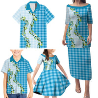 Blue Hawaii Palaka Family Matching Puletasi and Hawaiian Shirt Maile Pikake Honohono Orchid Lei LT05 - Polynesian Pride