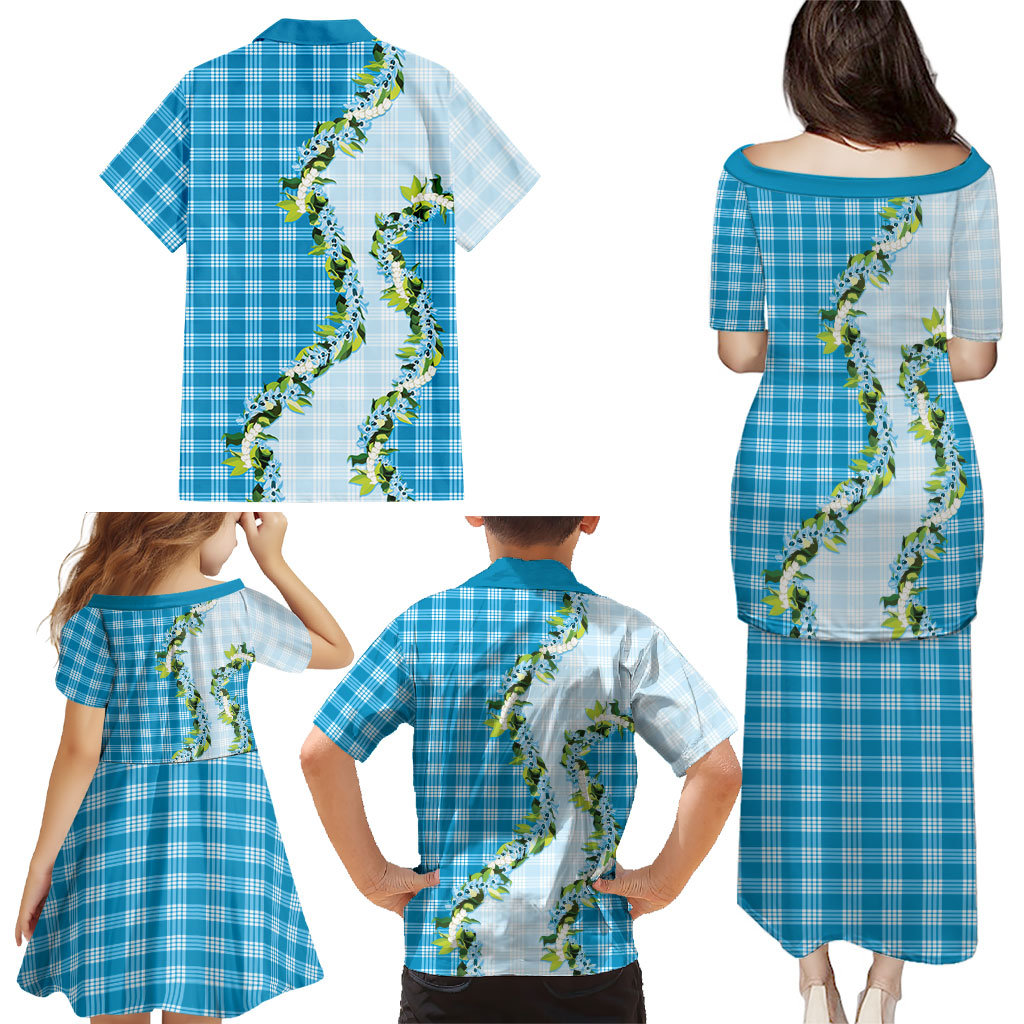 Blue Hawaii Palaka Family Matching Puletasi and Hawaiian Shirt Maile Pikake Honohono Orchid Lei LT05 - Polynesian Pride