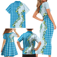 Blue Hawaii Palaka Family Matching Short Sleeve Bodycon Dress and Hawaiian Shirt Maile Pikake Honohono Orchid Lei LT05 - Polynesian Pride