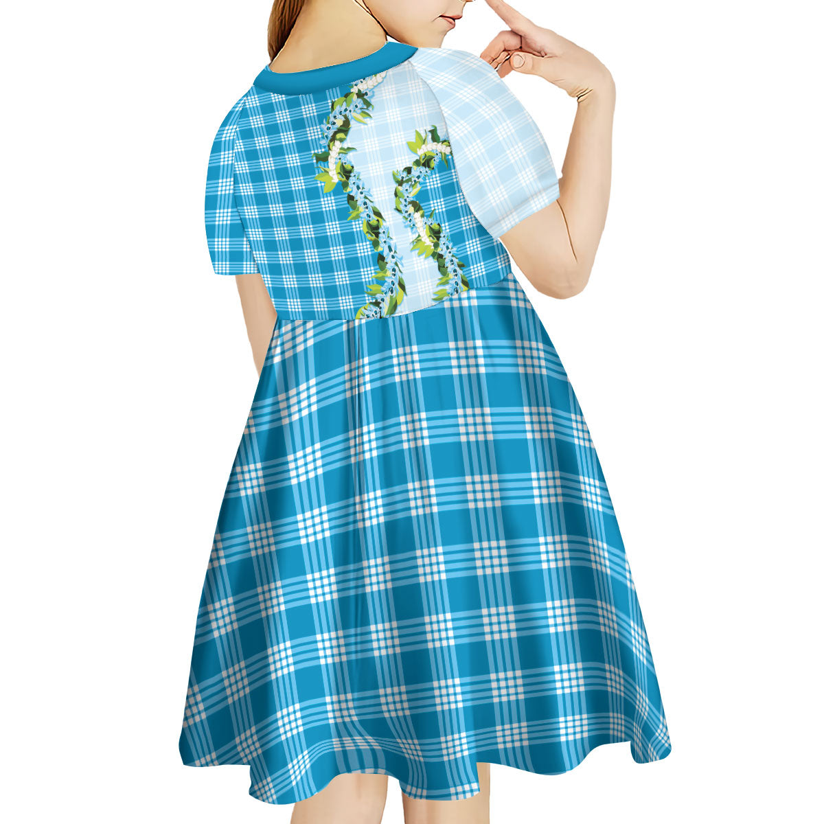 Blue Hawaii Palaka Kid Short Sleeve Dress Maile Pikake Honohono Orchid Lei LT05 - Polynesian Pride