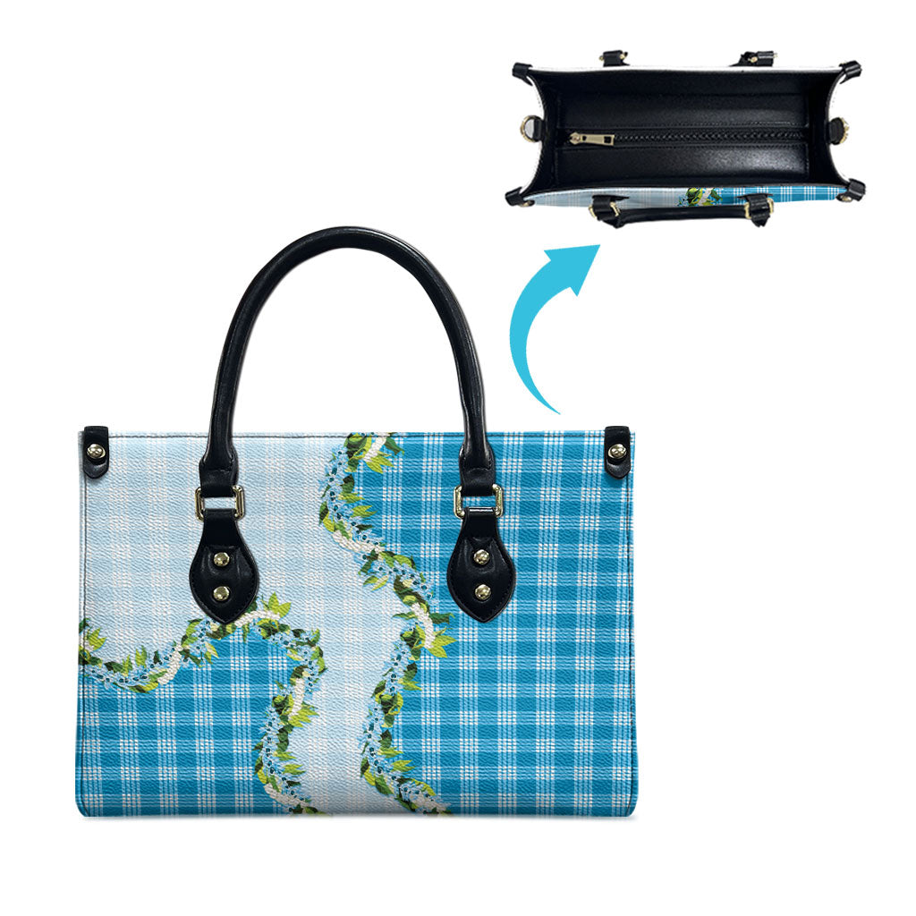 Blue Hawaii Palaka Leather Bag Maile Pikake Honohono Orchid Lei