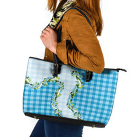 Blue Hawaii Palaka Leather Tote Bag Maile Pikake Honohono Orchid Lei