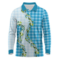 Blue Hawaii Palaka Long Sleeve Polo Shirt Maile Pikake Honohono Orchid Lei LT05 Blue - Polynesian Pride