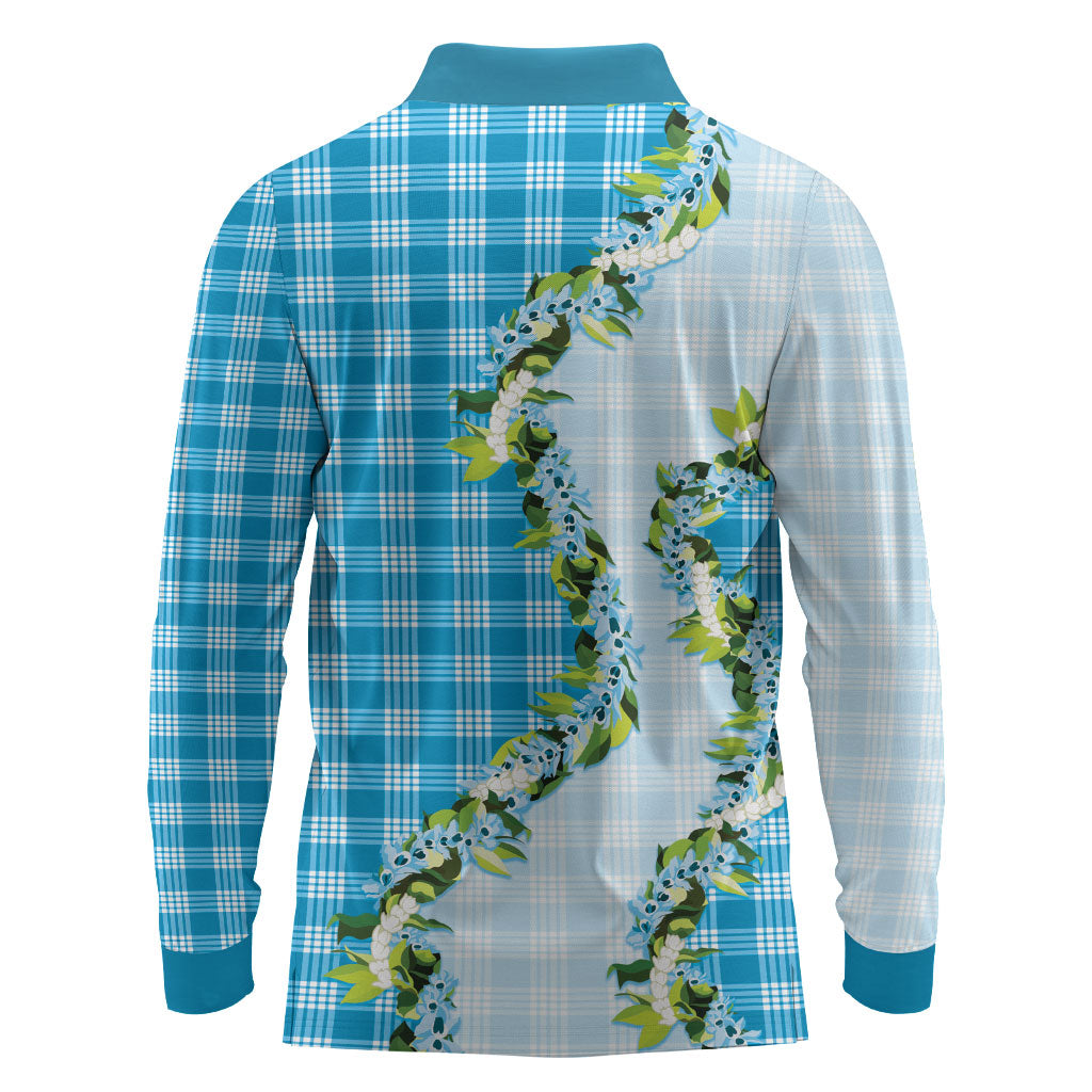 Blue Hawaii Palaka Long Sleeve Polo Shirt Maile Pikake Honohono Orchid Lei LT05 - Polynesian Pride