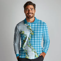 Blue Hawaii Palaka Long Sleeve Polo Shirt Maile Pikake Honohono Orchid Lei LT05 - Polynesian Pride