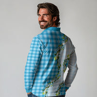 Blue Hawaii Palaka Long Sleeve Polo Shirt Maile Pikake Honohono Orchid Lei LT05 - Polynesian Pride