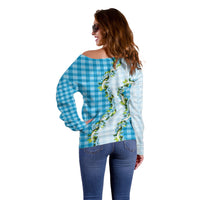 Blue Hawaii Palaka Off Shoulder Sweater Maile Pikake Honohono Orchid Lei