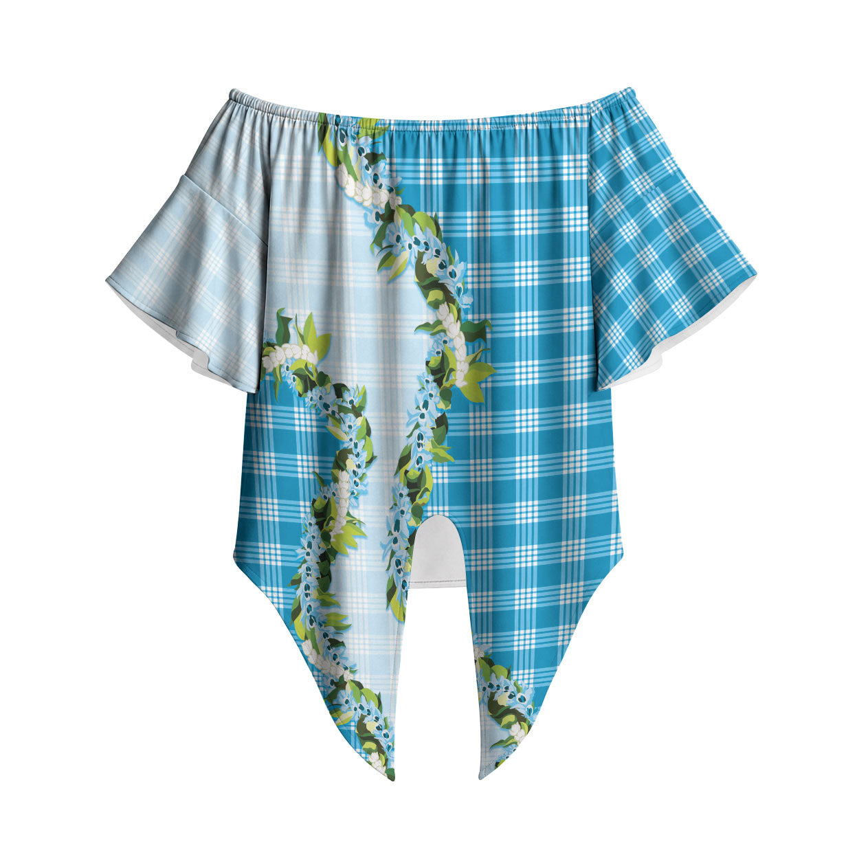 Blue Hawaii Palaka Off Shoulder Wrap Waist Top Maile Pikake Honohono Orchid Lei LT05 Blue - Polynesian Pride