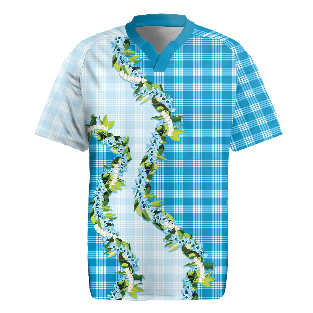 Blue Hawaii Palaka Rugby Jersey Maile Pikake Honohono Orchid Lei LT05 Blue - Polynesian Pride