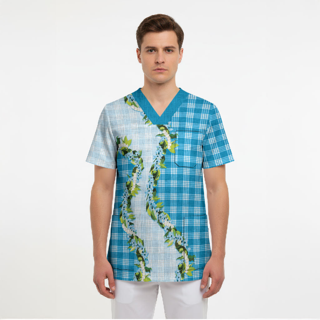 Blue Hawaii Palaka Scrub Top Maile Pikake Honohono Orchid Lei