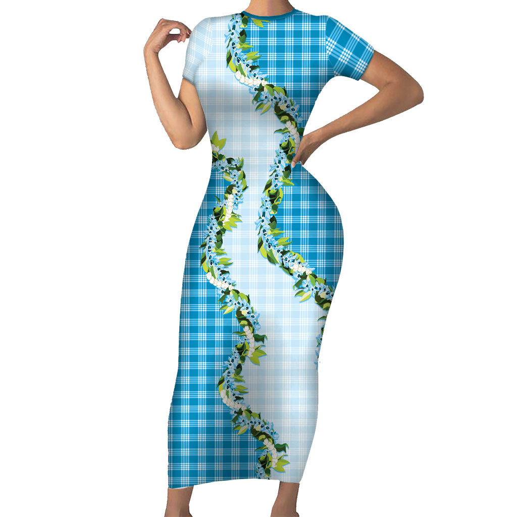 Blue Hawaii Palaka Short Sleeve Bodycon Dress Maile Pikake Honohono Orchid Lei LT05 Long Dress Blue - Polynesian Pride