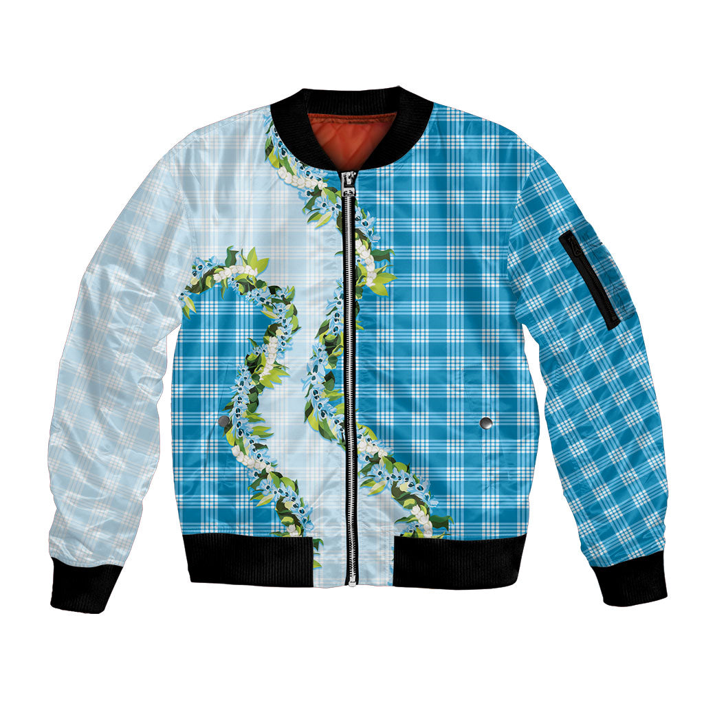 Blue Hawaii Palaka Sleeve Zip Bomber Jacket Maile Pikake Honohono Orchid Lei