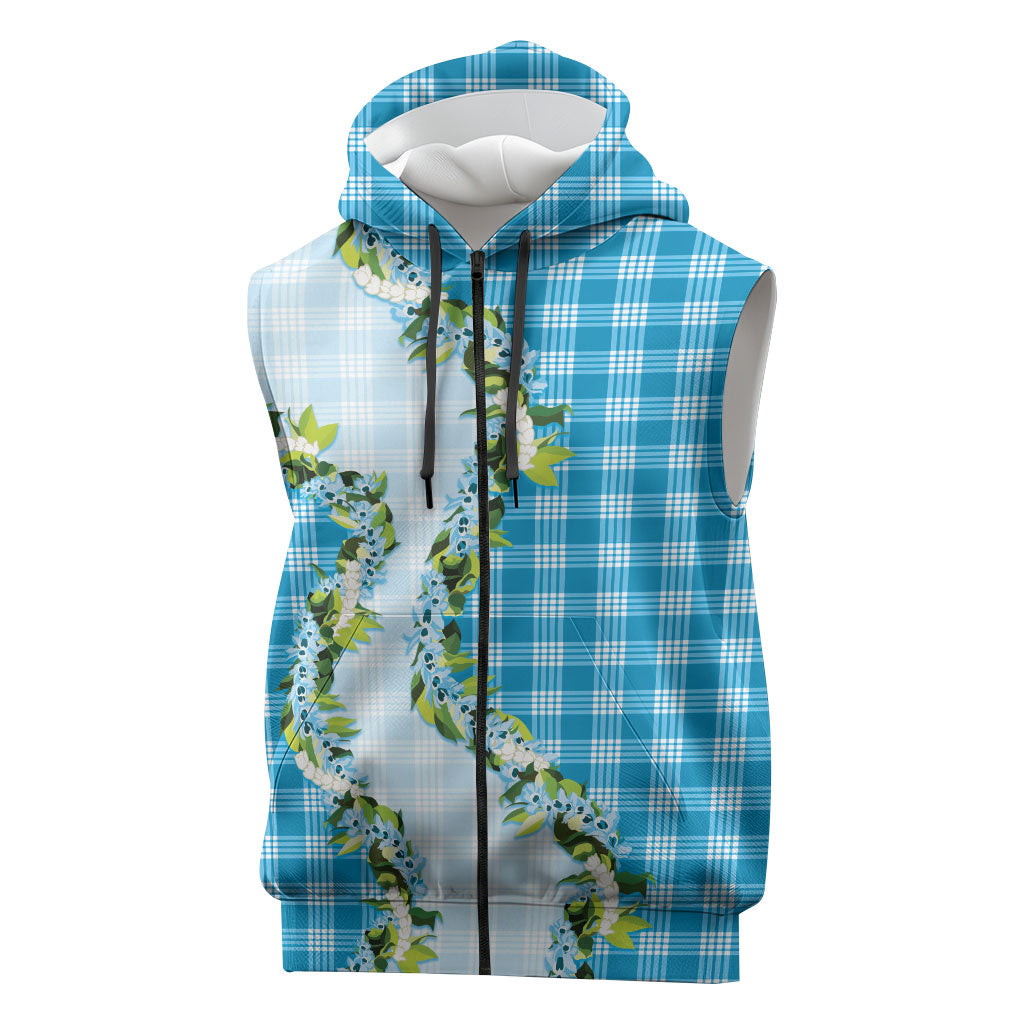 Blue Hawaii Palaka Sleeveless Zip Hoodie Maile Pikake Honohono Orchid Lei LT05 Blue - Polynesian Pride