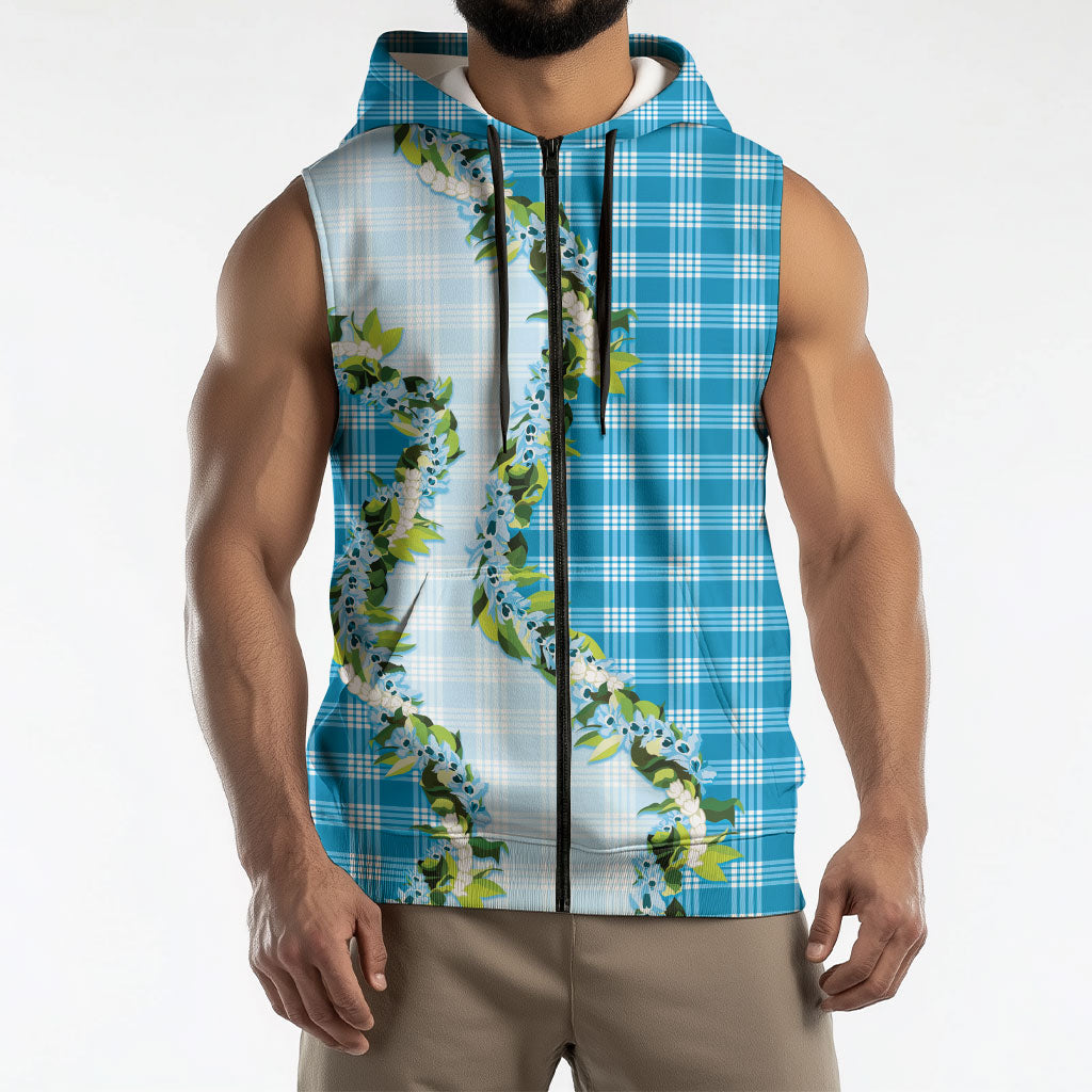 Blue Hawaii Palaka Sleeveless Zip Hoodie Maile Pikake Honohono Orchid Lei LT05 - Polynesian Pride