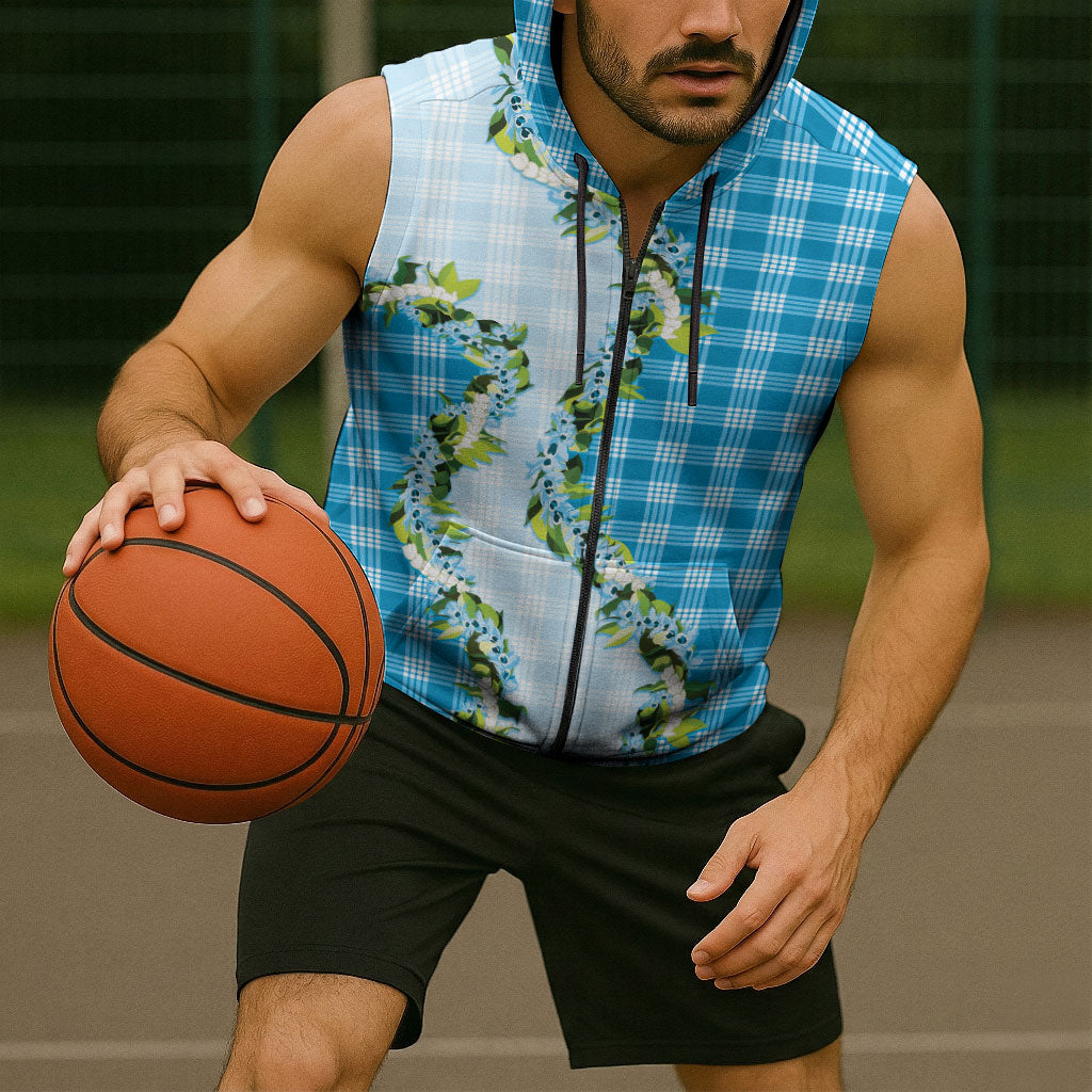 Blue Hawaii Palaka Sleeveless Zip Hoodie Maile Pikake Honohono Orchid Lei LT05 - Polynesian Pride