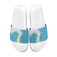 Blue Hawaii Palaka Slide Sandals Maile Pikake Honohono Orchid Lei