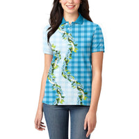 Blue Hawaii Palaka Women Polo Shirt Maile Pikake Honohono Orchid Lei LT05 - Polynesian Pride