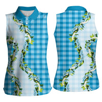 Blue Hawaii Palaka Women Sleeveless Polo Shirt Maile Pikake Honohono Orchid Lei LT05 - Polynesian Pride