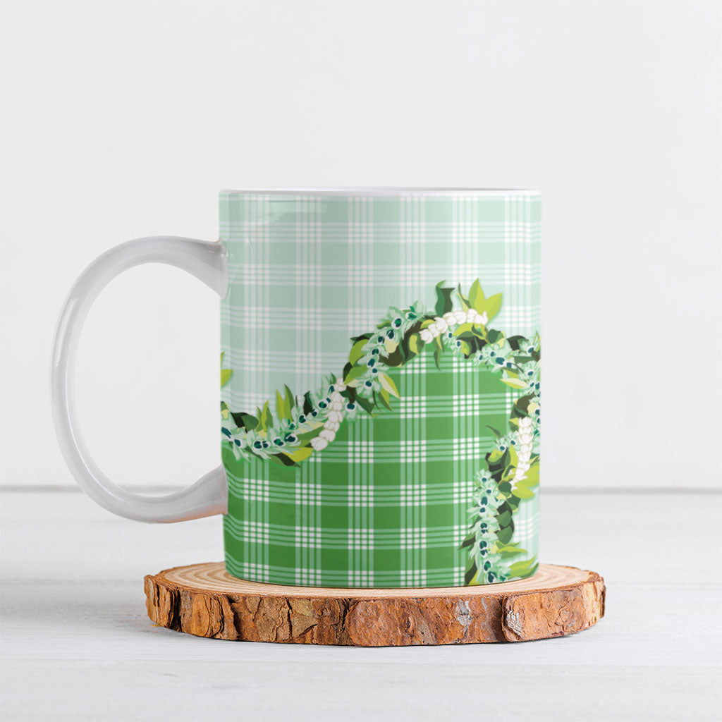 Green Hawaii Palaka Ceramic Mug Maile Pikake Honohono Orchid Lei