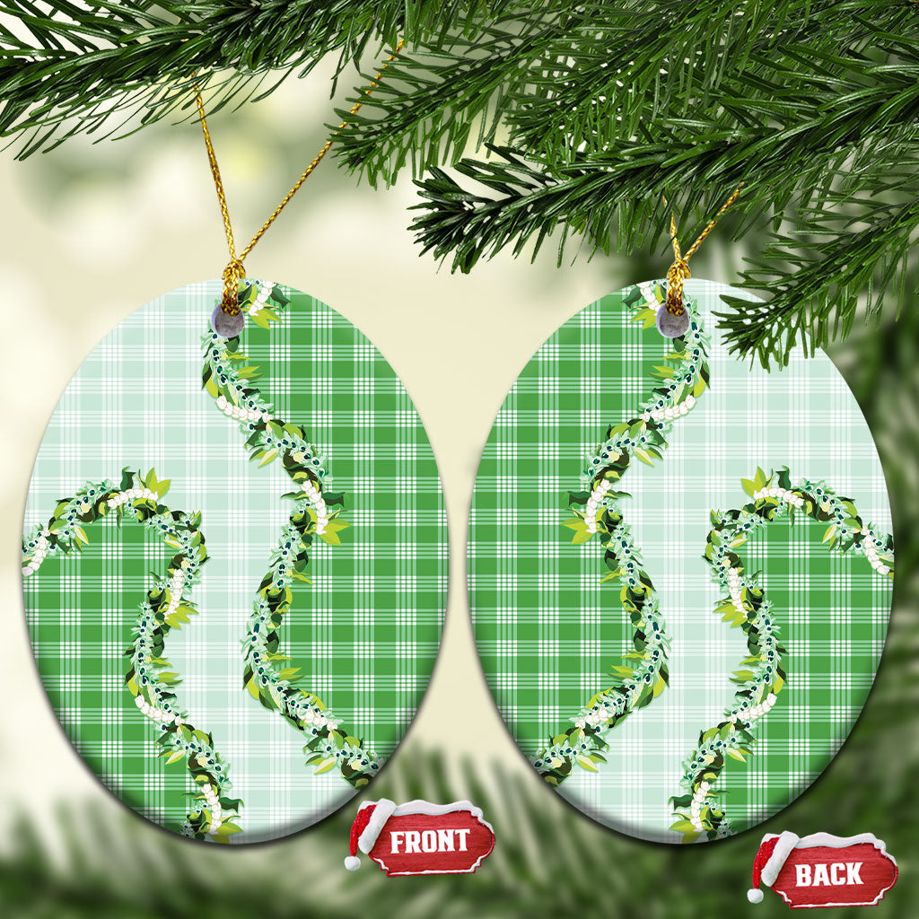 Green Hawaii Palaka Ceramic Ornament Maile Pikake Honohono Orchid Lei LT05 Oval Green - Polynesian Pride