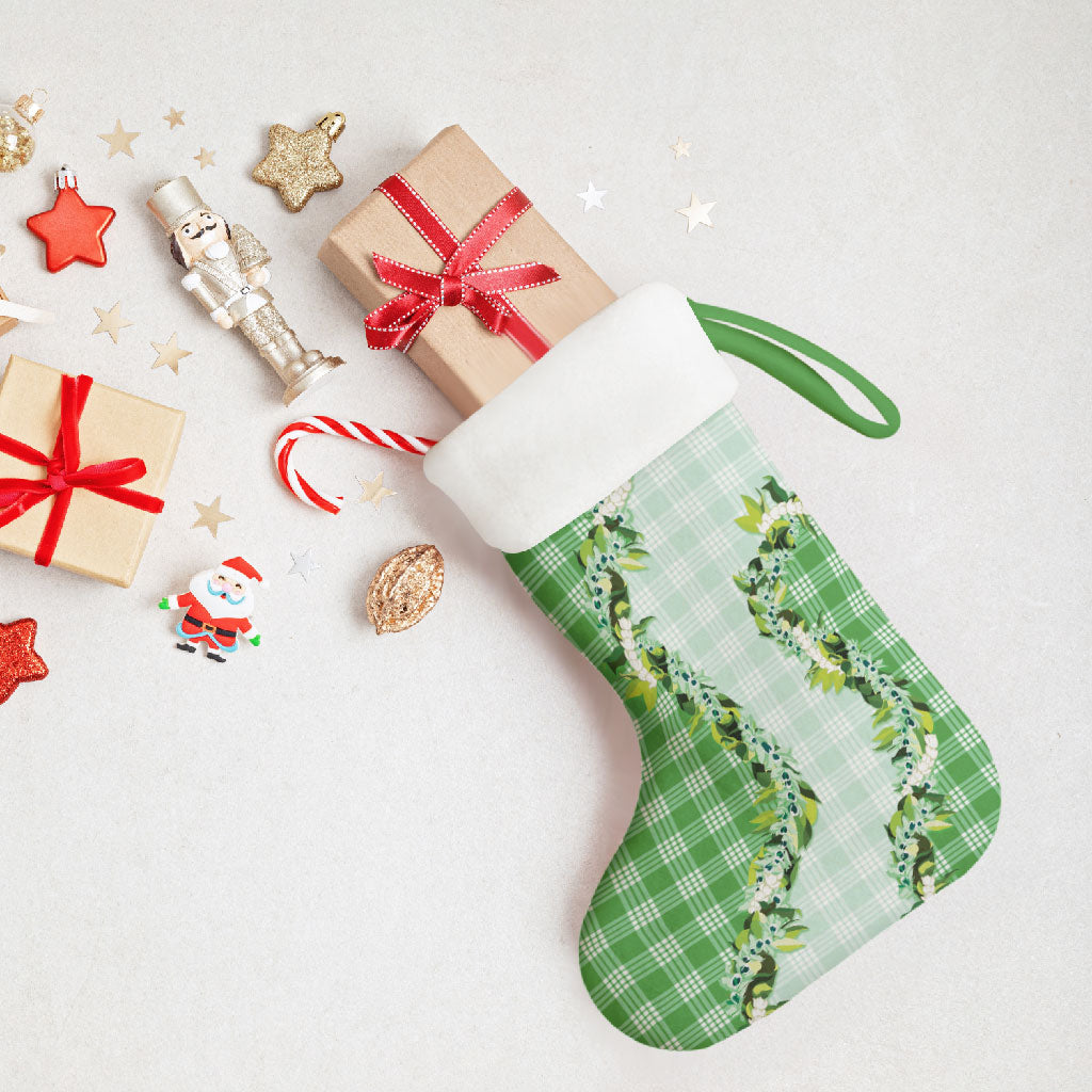 Green Hawaii Palaka Christmas Stocking Maile Pikake Honohono Orchid Lei LT05 - Polynesian Pride