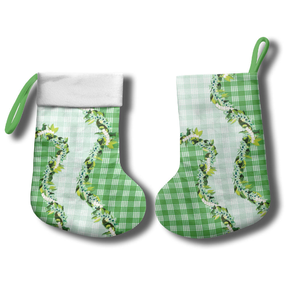 Green Hawaii Palaka Christmas Stocking Maile Pikake Honohono Orchid Lei LT05 - Polynesian Pride