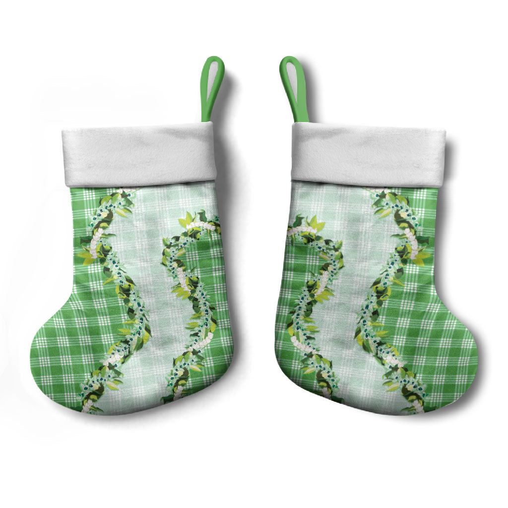 Green Hawaii Palaka Christmas Stocking Maile Pikake Honohono Orchid Lei LT05 - Polynesian Pride