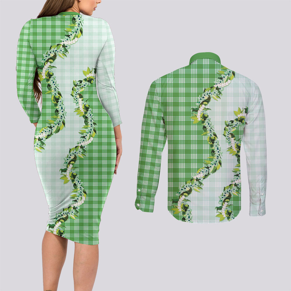 Green Hawaii Palaka Couples Matching Long Sleeve Bodycon Dress and Long Sleeve Button Shirt Maile Pikake Honohono Orchid Lei LT05 - Polynesian Pride