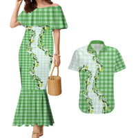 Green Hawaii Palaka Couples Matching Mermaid Dress and Hawaiian Shirt Maile Pikake Honohono Orchid Lei LT05 Green - Polynesian Pride