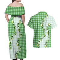 Green Hawaii Palaka Couples Matching Off Shoulder Maxi Dress and Hawaiian Shirt Maile Pikake Honohono Orchid Lei LT05 - Polynesian Pride