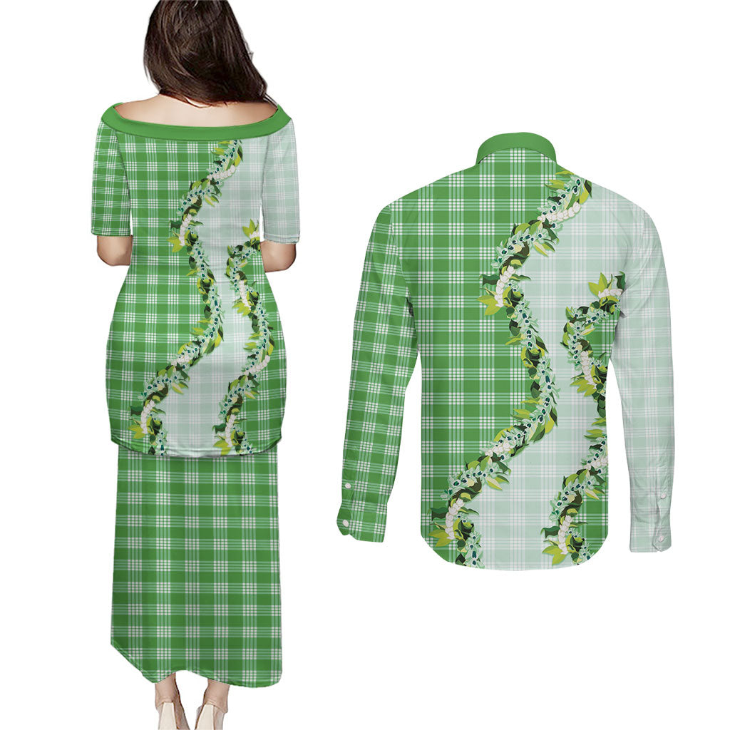 Green Hawaii Palaka Couples Matching Puletasi and Long Sleeve Button Shirt Maile Pikake Honohono Orchid Lei LT05 - Polynesian Pride
