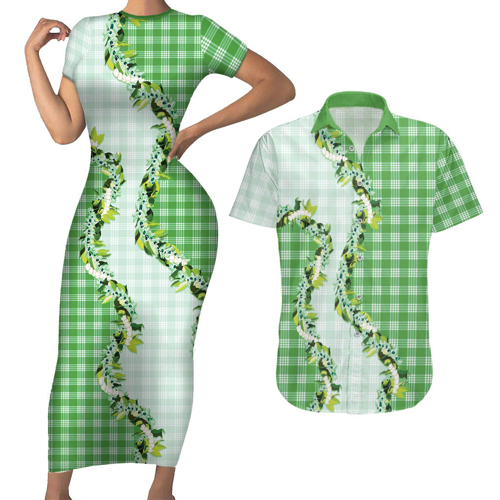 Green Hawaii Palaka Couples Matching Short Sleeve Bodycon Dress and Hawaiian Shirt Maile Pikake Honohono Orchid Lei