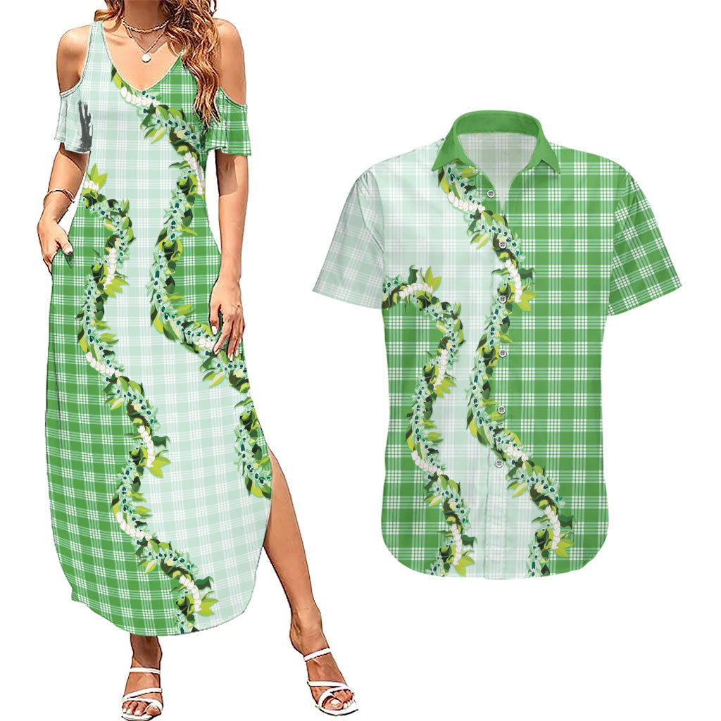 Green Hawaii Palaka Couples Matching Summer Maxi Dress and Hawaiian Shirt Maile Pikake Honohono Orchid Lei LT05 Green - Polynesian Pride