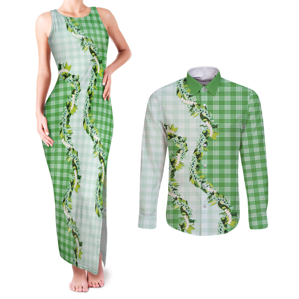Green Hawaii Palaka Couples Matching Tank Maxi Dress and Long Sleeve Button Shirt Maile Pikake Honohono Orchid Lei LT05 Green - Polynesian Pride