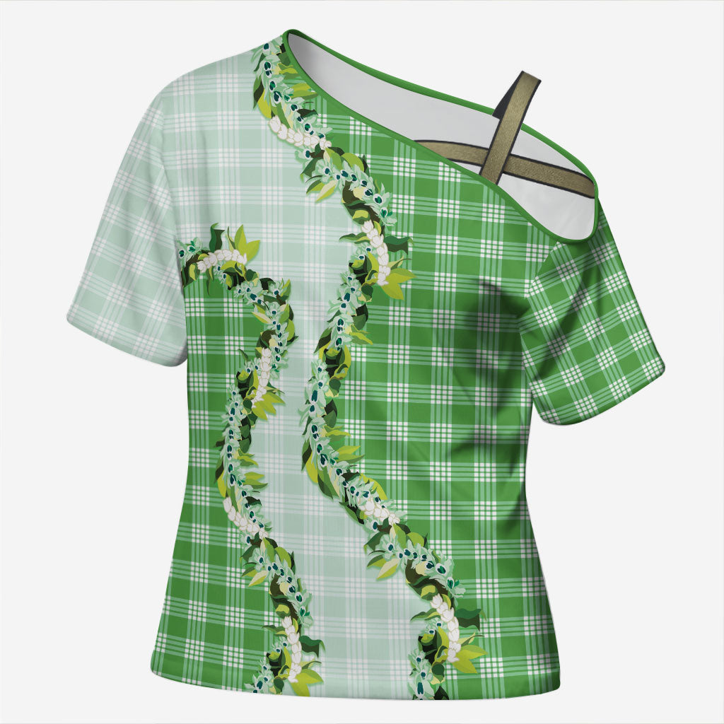 Green Hawaii Palaka Cross Shoulder Shirt Maile Pikake Honohono Orchid Lei
