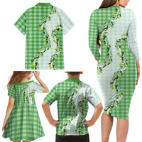 Green Hawaii Palaka Family Matching Long Sleeve Bodycon Dress and Hawaiian Shirt Maile Pikake Honohono Orchid Lei LT05 - Polynesian Pride