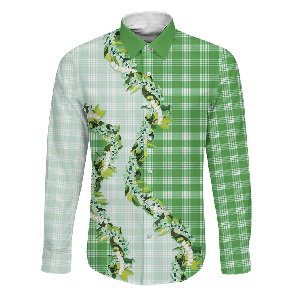 Green Hawaii Palaka Family Matching Long Sleeve Bodycon Dress and Hawaiian Shirt Maile Pikake Honohono Orchid Lei LT05 Dad's Shirt - Long Sleeve Green - Polynesian Pride
