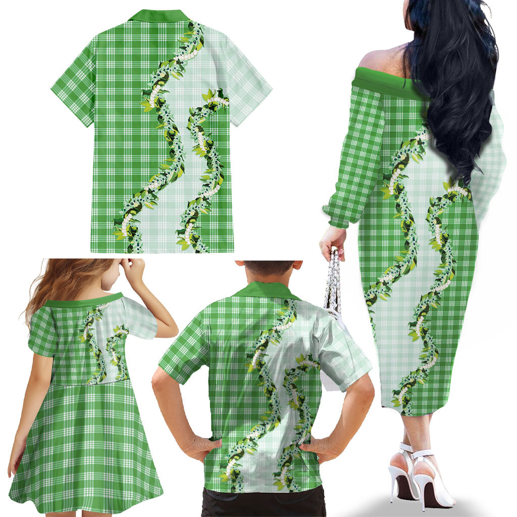 Green Hawaii Palaka Family Matching Off The Shoulder Long Sleeve Dress and Hawaiian Shirt Maile Pikake Honohono Orchid Lei LT05 - Polynesian Pride
